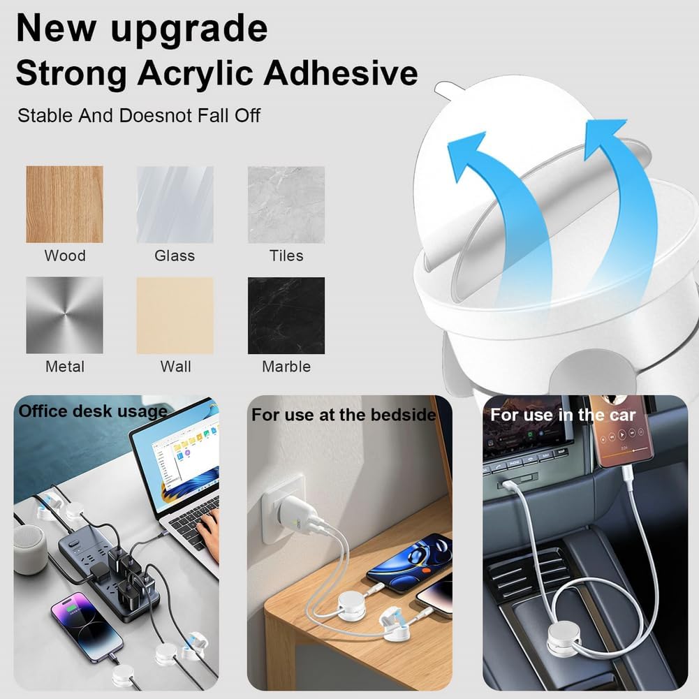 9 Pack Rotatable Magnetic Cord Organizer, Phone Cable Management, Desk Charger Cords Holder, No-Residue Adhesive Cables Clips for Kitchen, Office, Car, Nightstand(White)