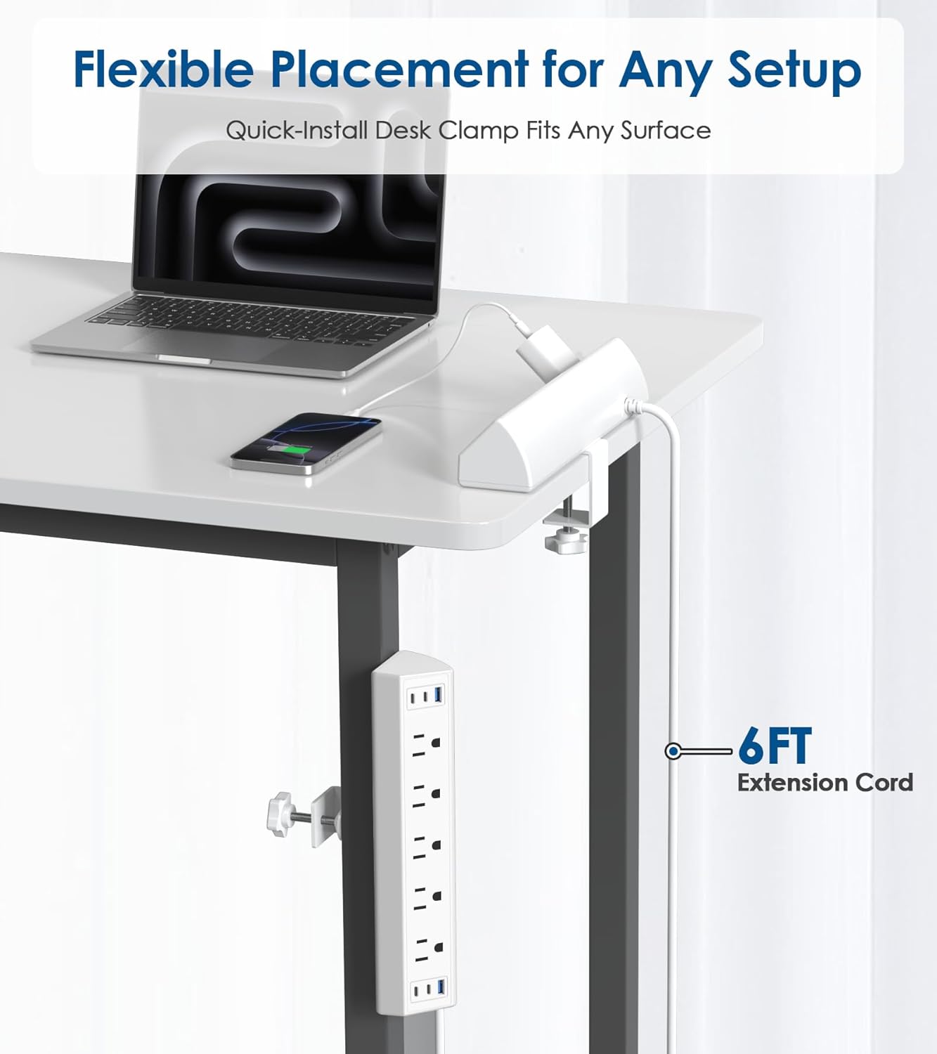 Jgstkcity Desk Clamp Power Strip USB C,40W Total Fast Charging Station,4 PD 20W USB C Ports,Desk Edge Mount Surge Protector,5 Outlets,Fit 1.96" Tabletop Edge,ETL Listed,White