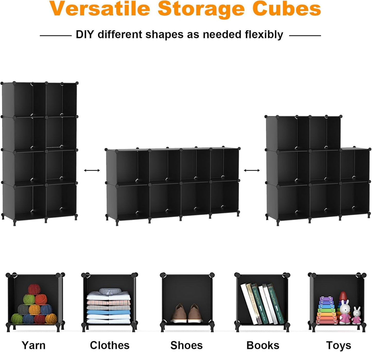 AWTATOS 8 Cube Storage Organizer, Closet Organizer Storage Shelf, Bookcase Bookshelf, DIY Stackable Storage Cubes Shelves for Closet, Bedroom, Home, Office, Black