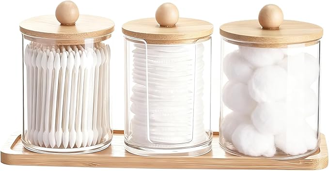 AXX Qtip Dispenser Apothecary Jars Bathroom - Qtip Holder Storage Canister Clear Plastic Jar for Cotton Swab,Q-Tips,Cotton Rounds (L#Bamboo 4Pcs)