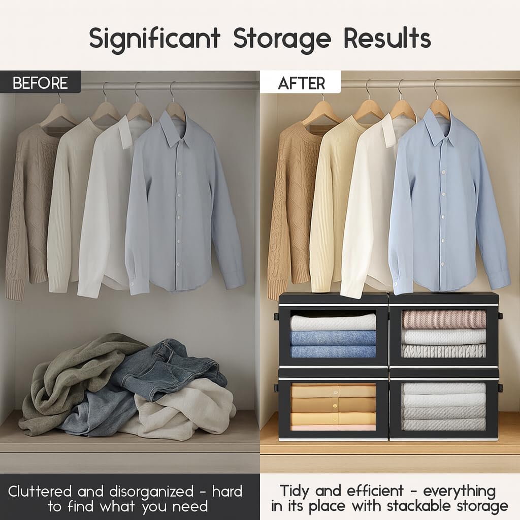 Collapsible Storage Bins with Lids - Stackable Storage Containers with Window, 6 Pack Fabric Organizing Bins for Closet, Home & Office Organization Baskets, Black, 14.9" x 9.8" x 9.8"