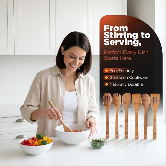 Riveira Dark Bamboo Wooden Spoons for Cooking 6-Piece, Apartment Essentials Wood Spatula Spoon Nonstick Kitchen Utensil Set Premium Quality Housewarming Gifts for Everyday Use
