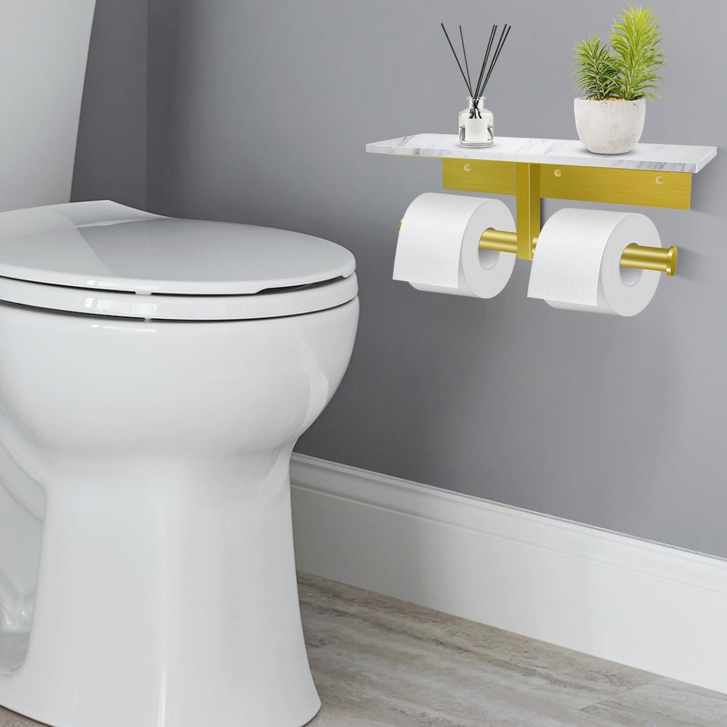 HrontaToilet Paper Holder with Shelf, Double Toilet Paper Holder Wall Mount and 2PCS Free Adhesive Hooks for Bathroom Washroom, Marble Toilet Paper Holder Gold