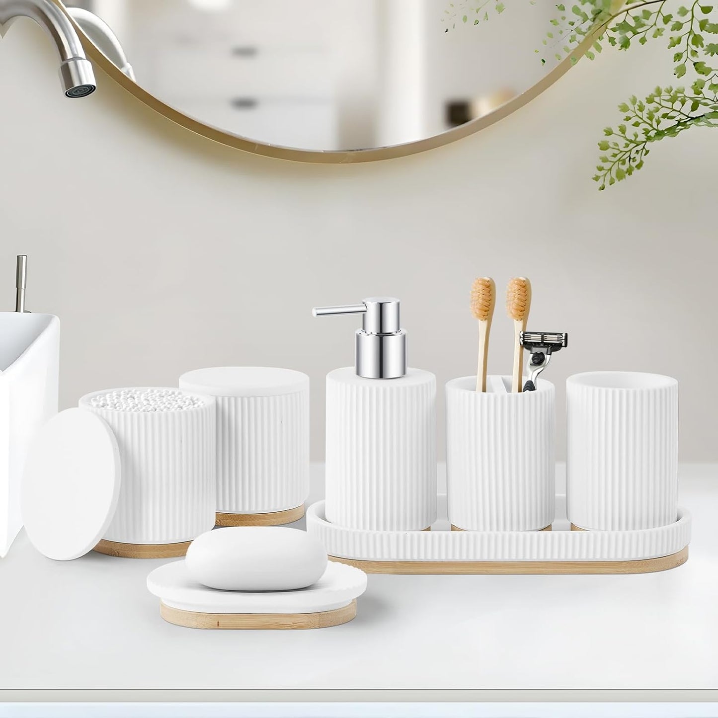 Bathroom Accessories Set, 7PCS Resin Bathroom Set with Bamboo Base, with Soap Dispenser, Q-tip Holder, Toothbrush Holder, Tumbler, Soap Dish, Vanity Tray, Complete Bathroom Set for Modern Decor,White