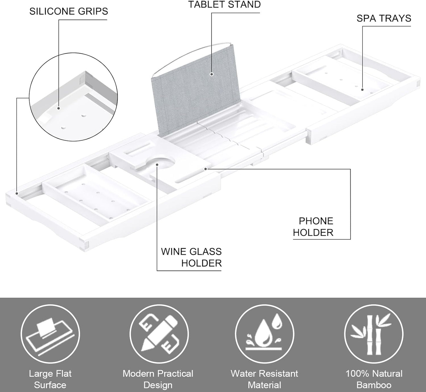 Bathtub Tray Caddy, Expandable Bath Trays for Tub, Bamboo Shelf & Table with Wine Glass Holder,Bathroom Accessories for New Home & Mothers Day & Birthday Gifts for Mom,White