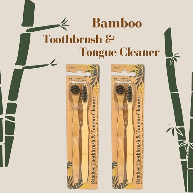 Lindo EcoGrip Charcoal Infused Bamboo Toothbrush and Tongue Cleaner Soft German Made Fiber Bristles, Organic, Eco-Friendly and Recyclable, Multi-Pack of 4