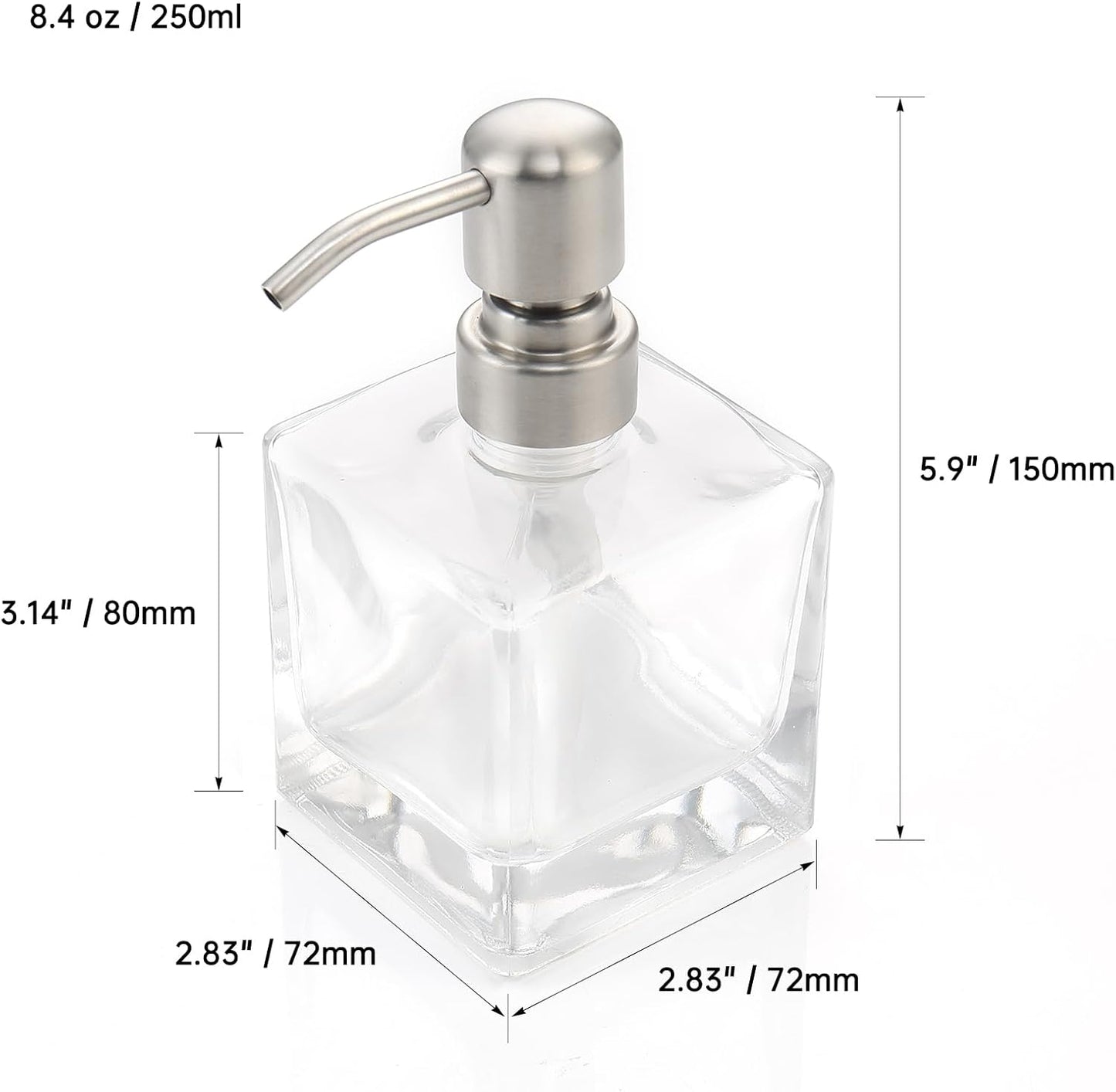 Square Bathroom Soap Dispenser Brushed Nickel, Glass Bottles with Stainless Steel Pump Cube Liquid Soap Dispenser Hand Kitchen