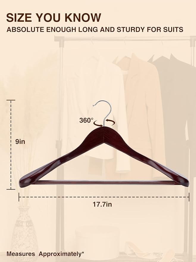 SMARTOR Suit Hangers for Men 12 Pack, Wide Shoulder Wooden Suit Hangers with Non Slip Pant Holder, Wide Hanger for Suit, Coat, Jacket, Gown, Heavy Duty Wood Suit Hanger, Cherry