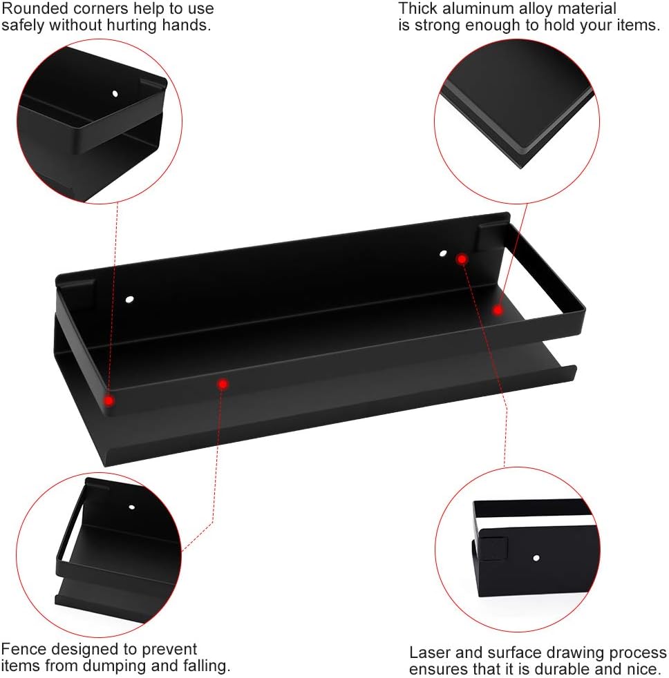 OwnMy Bathroom Shower Shelf Stainless Steel Bath Kitchen Basket Shower Caddy Rack, Rustproof Metal Bathroom Storage Floating Shelves Wall Mounted Shower Corner Rectangular Shelf - 12 Inch Black