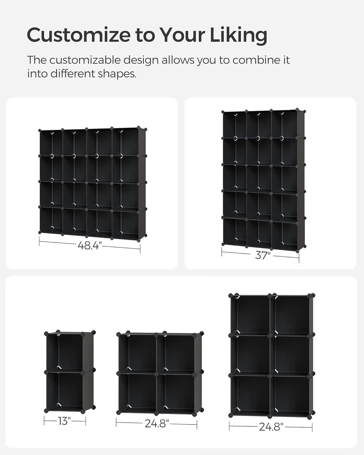 SONGMICS Cube Storage Organizer, Set of 16 Plastic Cubes, Closet Organizers and Storage, Room Organization, Bedroom Living Room, 12.2 x 48.4 x 48.4 Inches, Black ULPC44BK
