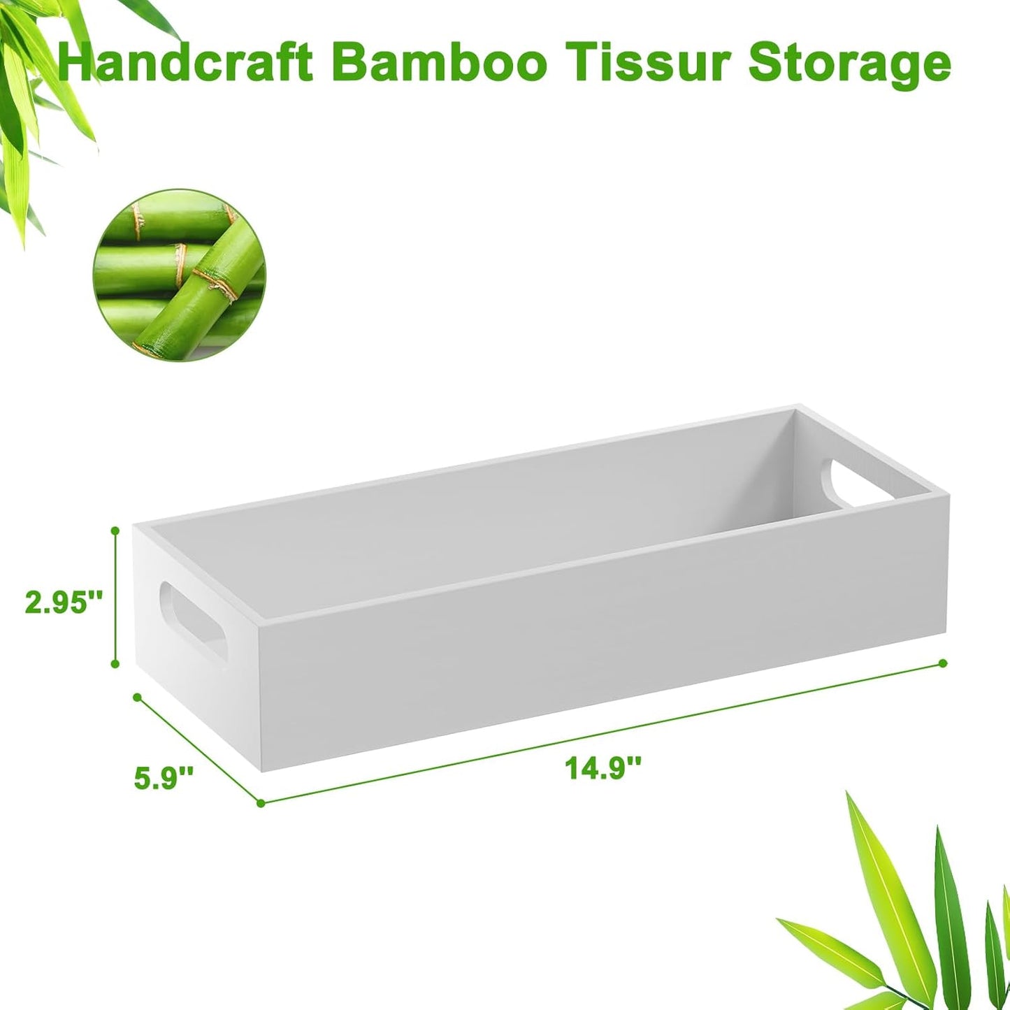VITVITI Bamboo Toilet Paper Holder Storage, Bamboo Tray for Bathroom with Handle, Toilet Tissue Holder Organizer Basket Container for Toilet Tank/Kitchen Counter, Natural, White