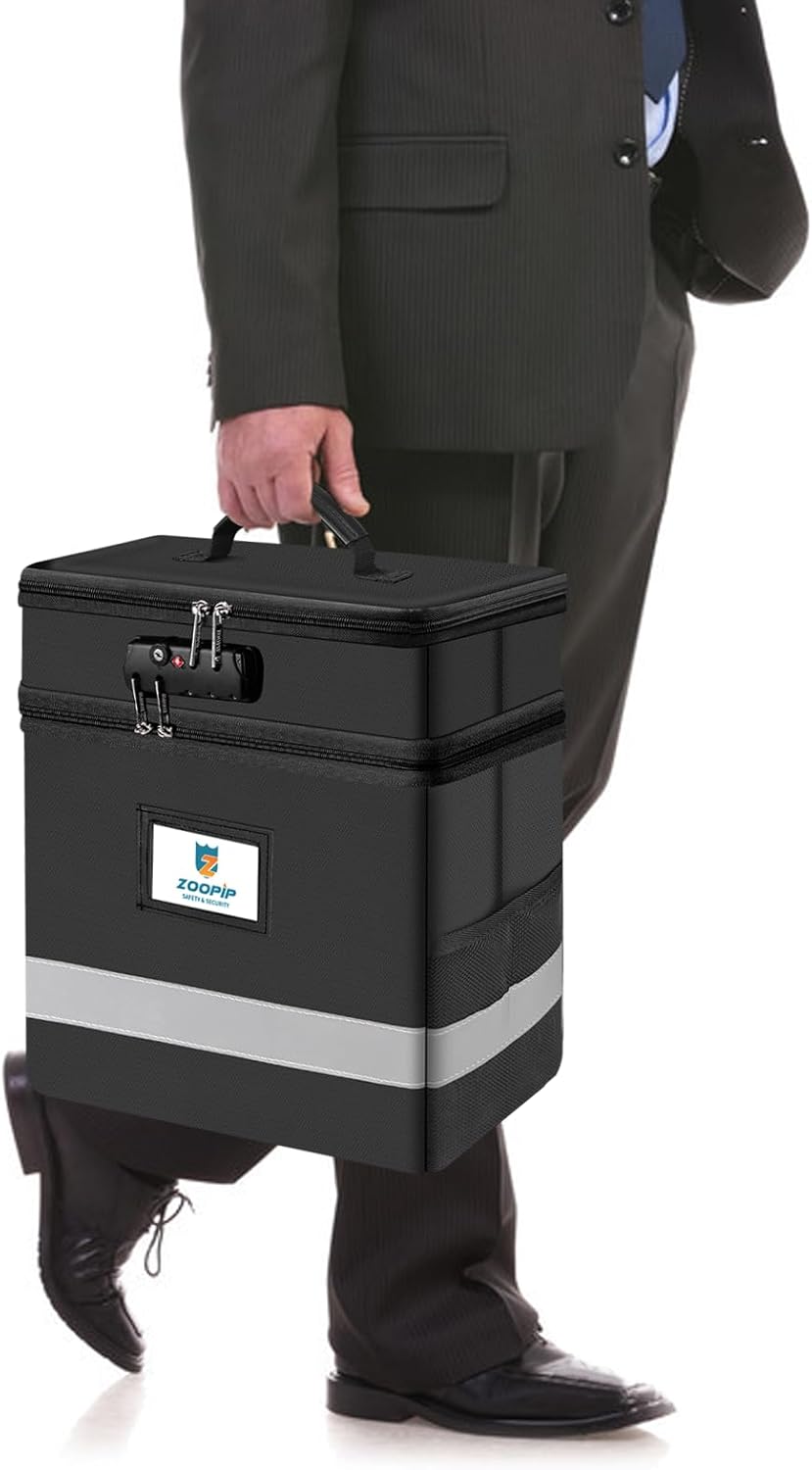 Fireproof File Box with Lock, 2 Layer Document Box Storage Organizer, Suitable for Hanging File Folders in Letter Size, Collapsible File Box, Reflective Strip for Fast Find (12.2*6*12.2, Black)