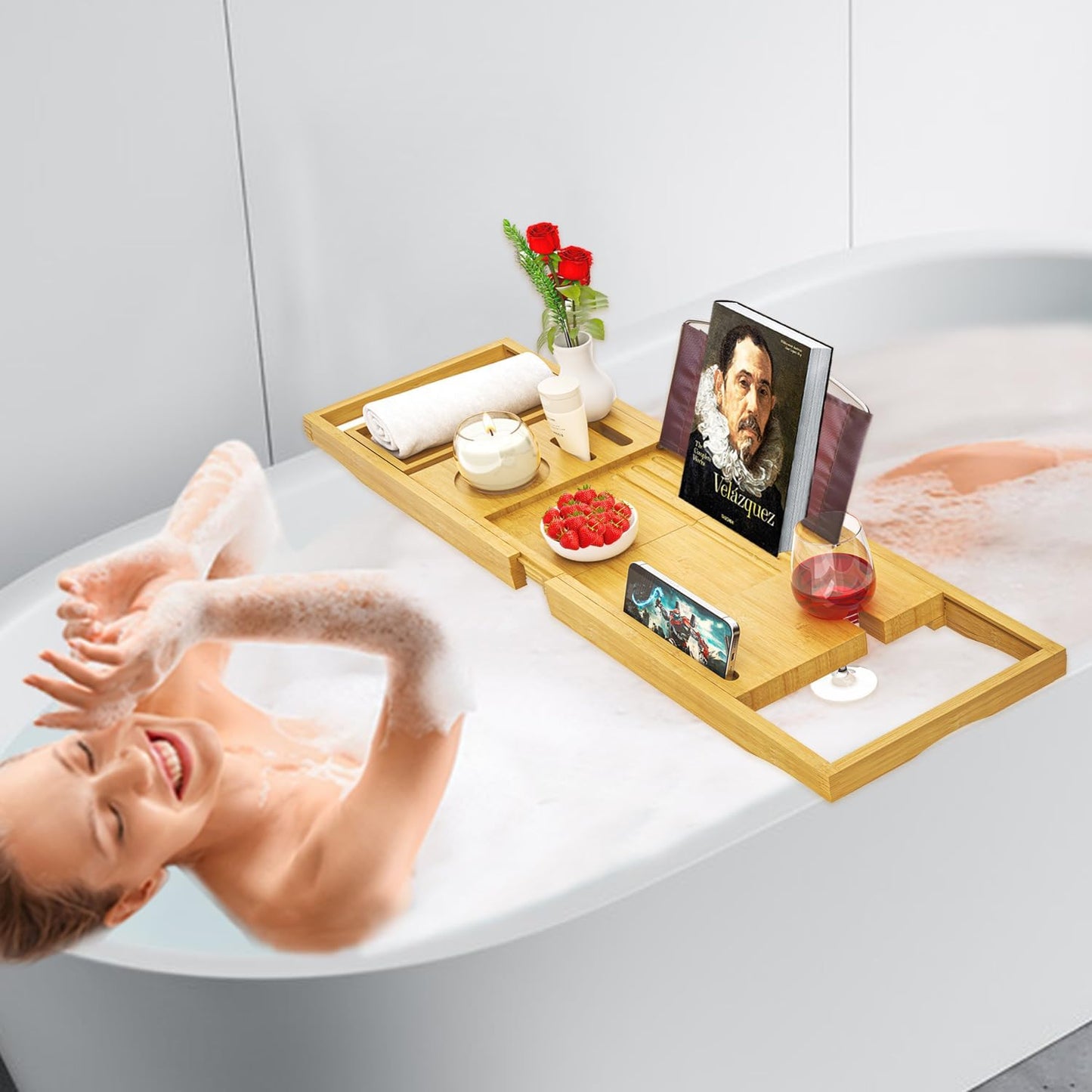 Premium Bathtub Tray Caddy - Bath Tray Expandable - Bath Tub Tray Table for Bathtub, Bamboo Wooden, Fits Most Bath Tubs