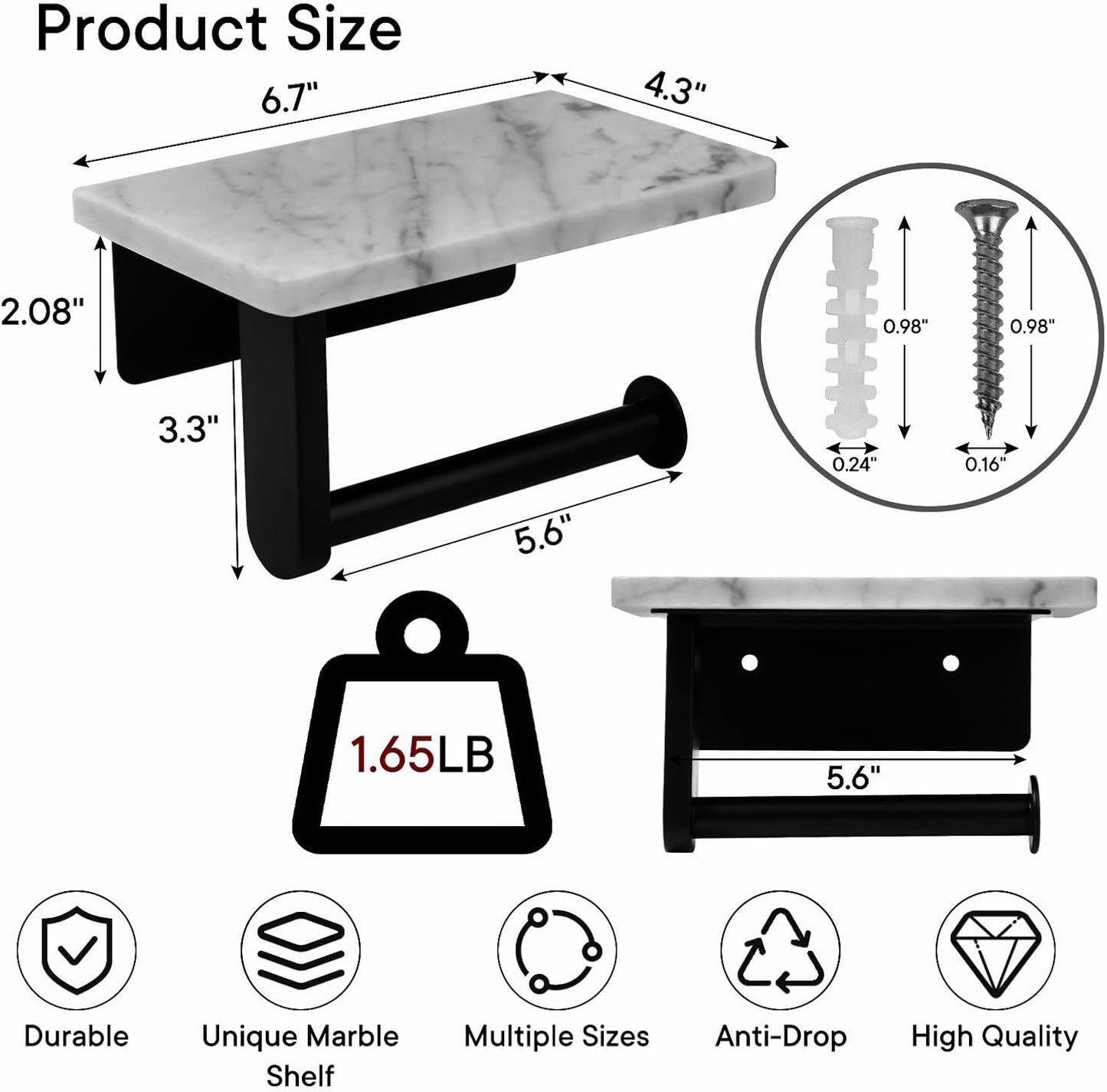 Toilet Paper Holder with Natural Marble Shelf for Bathroom Washroom,Wall Mounted Tissue Holder Suitable for Mega Roll (Small 6.7 * 4.3 in Matte Black)