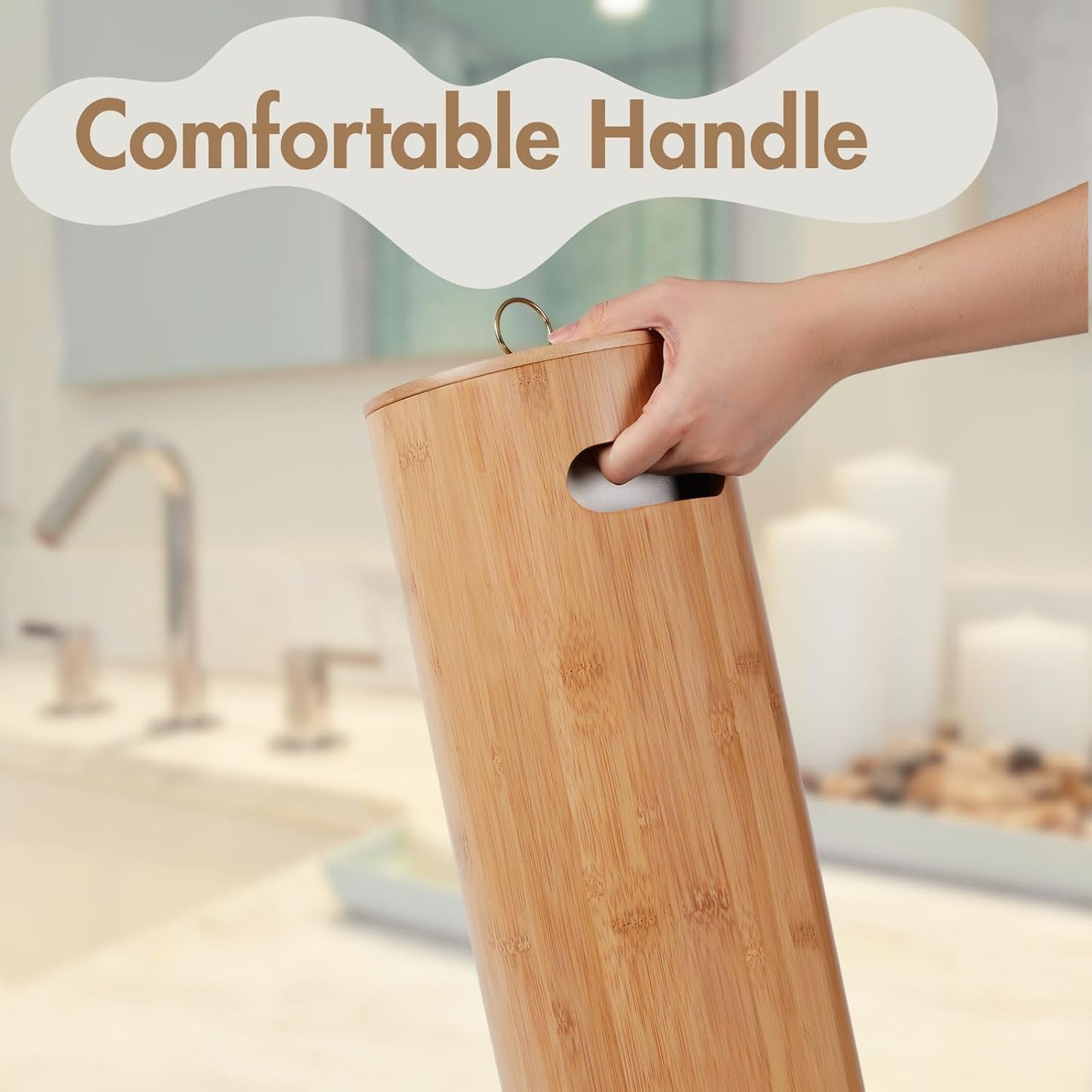 Gobam Bamboo Toilet Paper Storage with Dual-Use Lid, Freestanding Bathroom Tissue Organizer with Viewing Slot, Built-In Handle, Anti-Slip Base, Compact Toilet Paper Holder Stand for up to 3 Mega Rolls