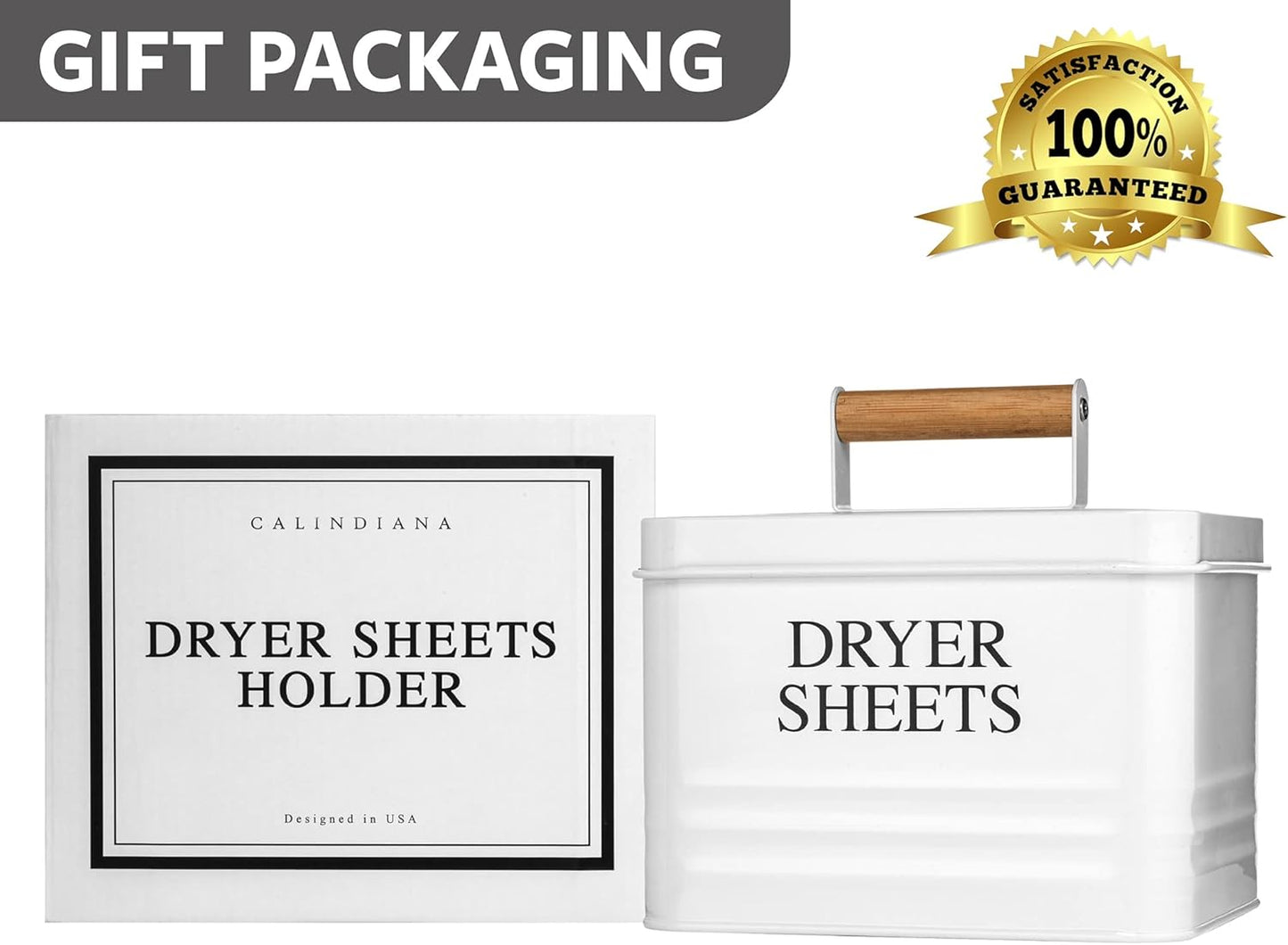 Calindiana Modern Farmhouse Metal Laundry Dryer Sheets Holder Fabric Softener Dispenser with Lid for Laundry Room Decor and Accessories and Space Saving Laundry Organization and Storage, White