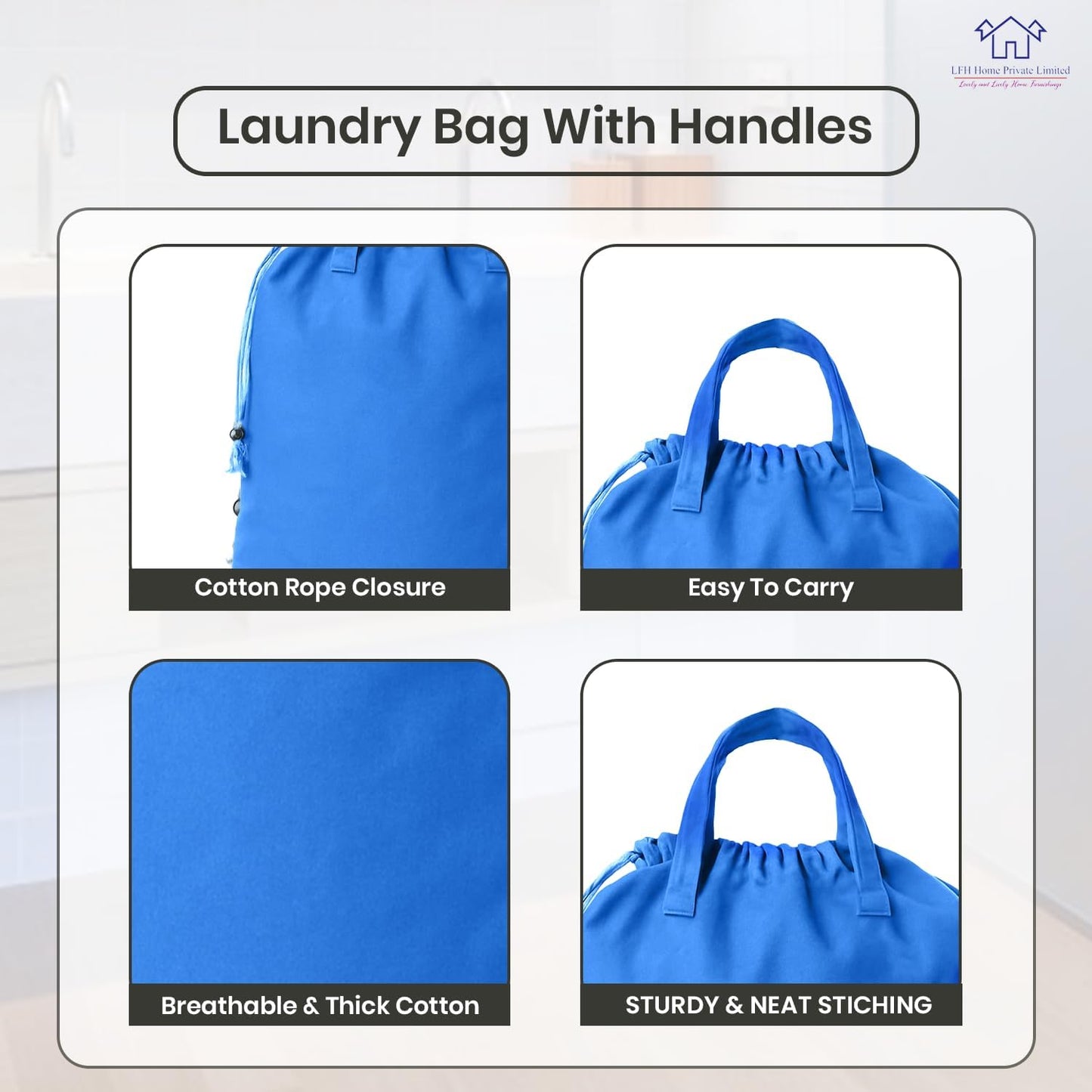 LFH Home Cotton Canvas Large Laundry Bag with Handle, Heavy Duty Drawstring Closure Washable Laundry Bags, School Travel, Home, Hotel, College Dorm, Organizer Sack, Toys Clothes 20x30-Sky Blue