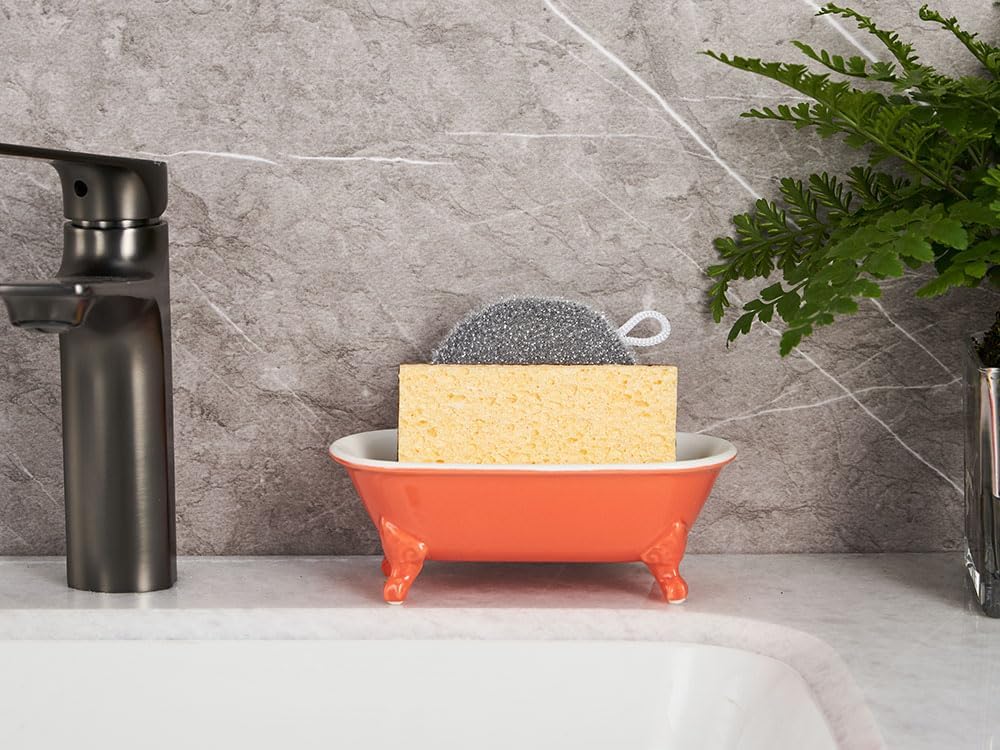 6.5" Ceramic Mini Decorative Clawfoot Bathtub Bar Soap Dish, Kitchen Sponge Holder and Shower Tray for Bathroom, 1 Pack(Coral)