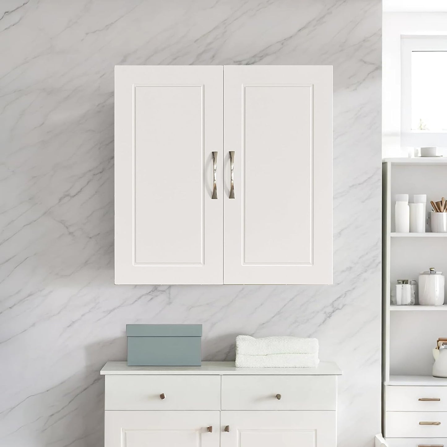 White Wall Cabinet for Bathroom and Laundry Room, Over Toilet Storage with Doors and Adjustable Shelf, Small MDF Organizer, HUS-FRG231