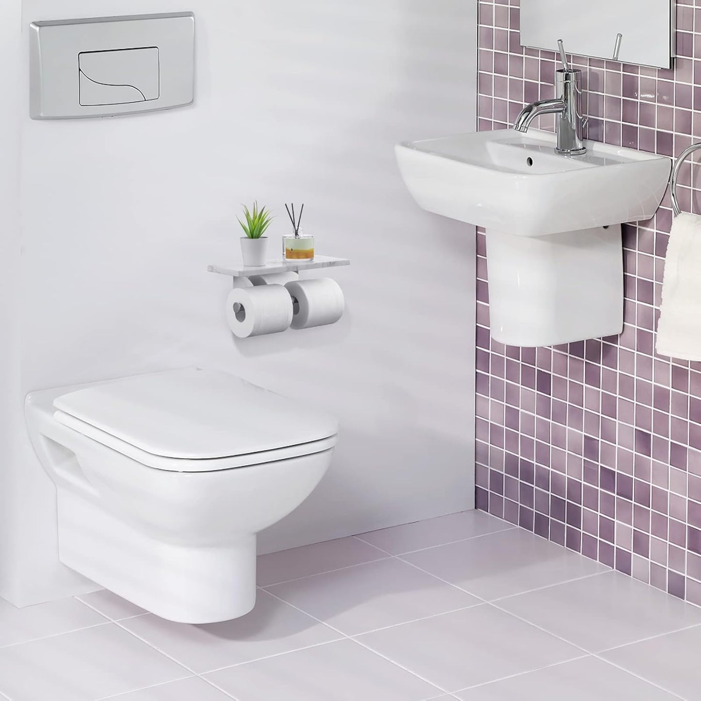 Toilet Paper Holder with Natural Marble Shelf for Bathroom Washroom,Wall Mounted Tissue Holder Suitable for Mega Roll (Brushed Nickel, Large 11.8 * 4.7)