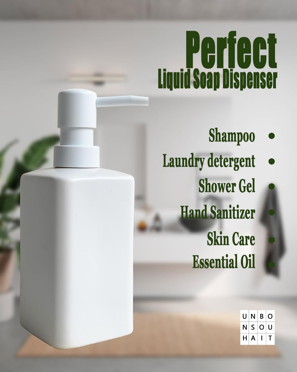 Soap Dispenser for Bathroom & Kitchen, Ceramic with Plastic Pump, Simple Style (White Rectangular)