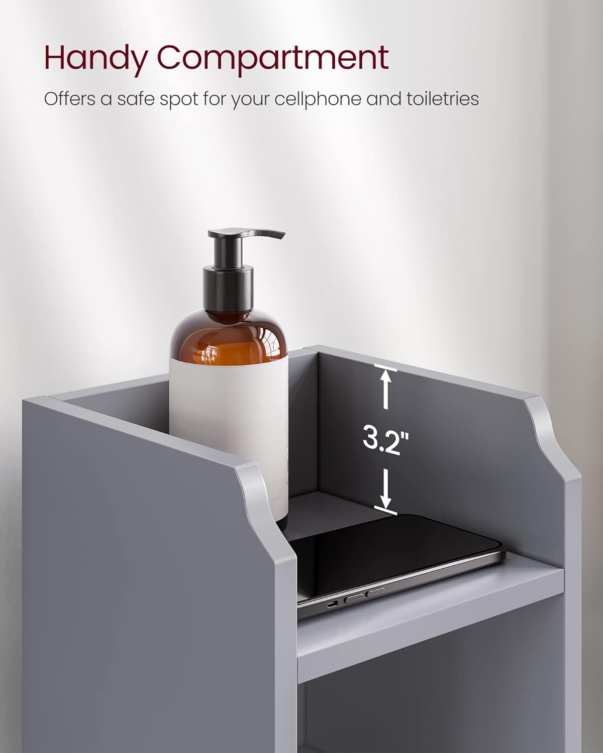 VASAGLE Small Storage Corner Floor Cabinet with Door, 7.9 x 7.1 x 31.5 Inches, Narrow Toilet Paper Storage Holder, Adjustable Shelves, for Bathroom, Living Room, Small Spaces, Dove Gray UBBC310P36