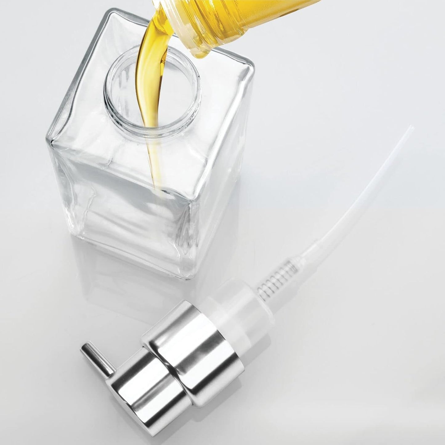 mDesign Glass Refillable Foaming Hand Soap Dispenser Modern Square Pump Bottle for Bathroom Vanities or Kitchen Sink, Countertops - 2 Pack - Clear/Chrome