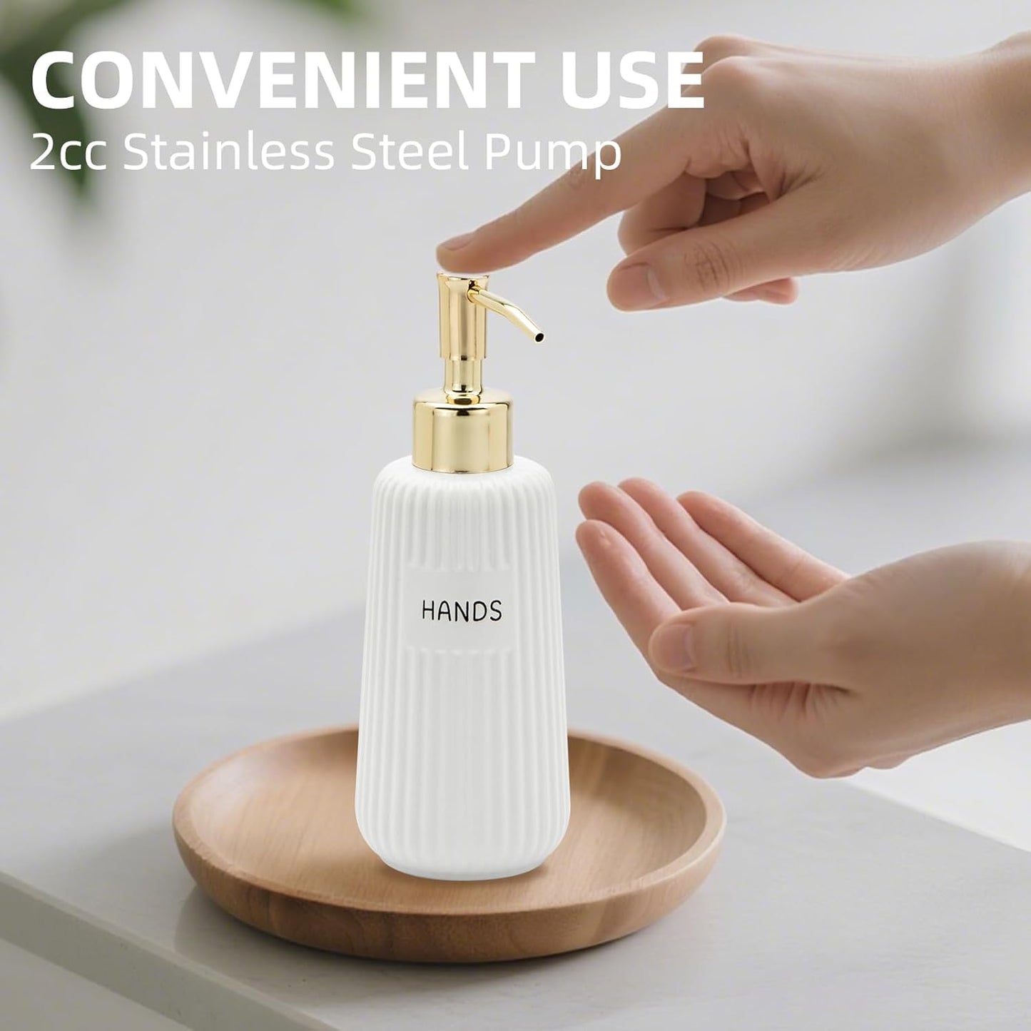 Kitchen Soap Dispenser Set with Gold Stainless Steel Pump and Funnel, Modern Ceramic Refillable Hand and Dish Soap Dispenser Set for Kitchen, Bathroom, Office, Hotel, Matte White