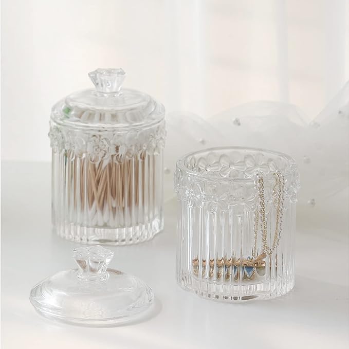 2 Pack Qtip Holder Glass Apothecary Jars with Lids Bathroom Accessories Vanity Organizers and Makeup Storage Canister for Cotton Swabs, Balls, Pads, Floss Picks, Candy, Clear