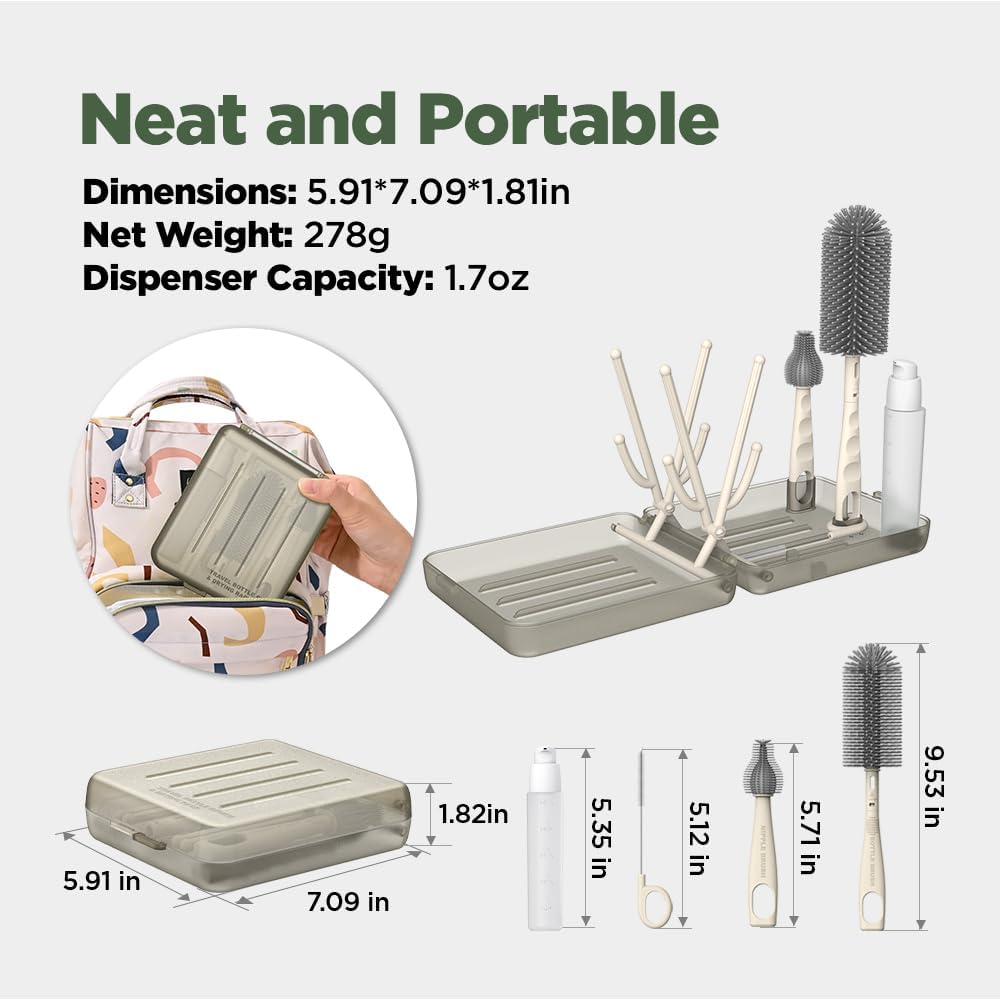 Travel Bottle Brush, Travel Bottle Cleaner Kit with Bottle Drying Rack, Transparent Coffee