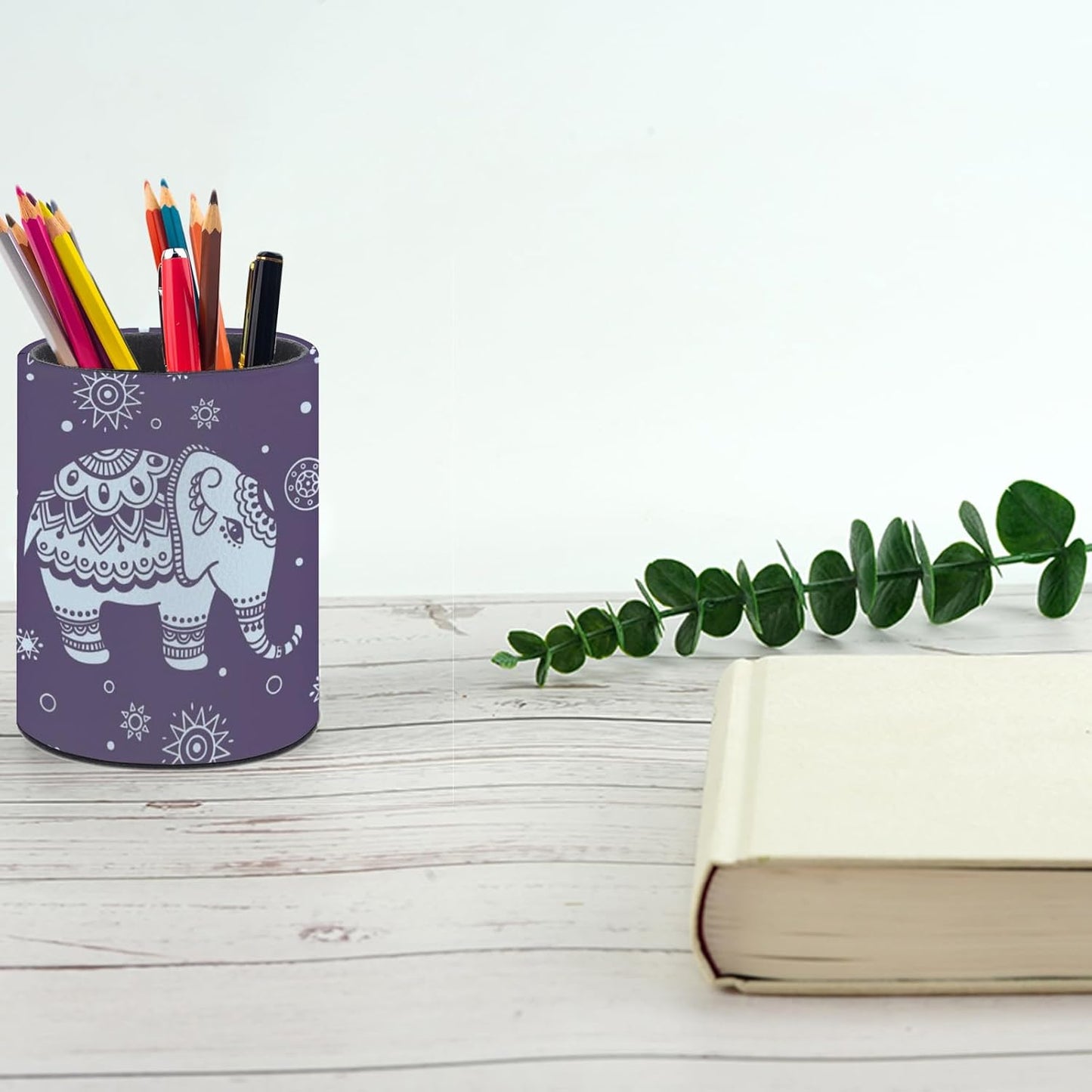 Cute Elephant Pen Holder Pencil Organizer Cute Pencil Cup Desk Decor Makeup Brush Holder PU Multifunctional Office Suppliesfor Home Classroom School