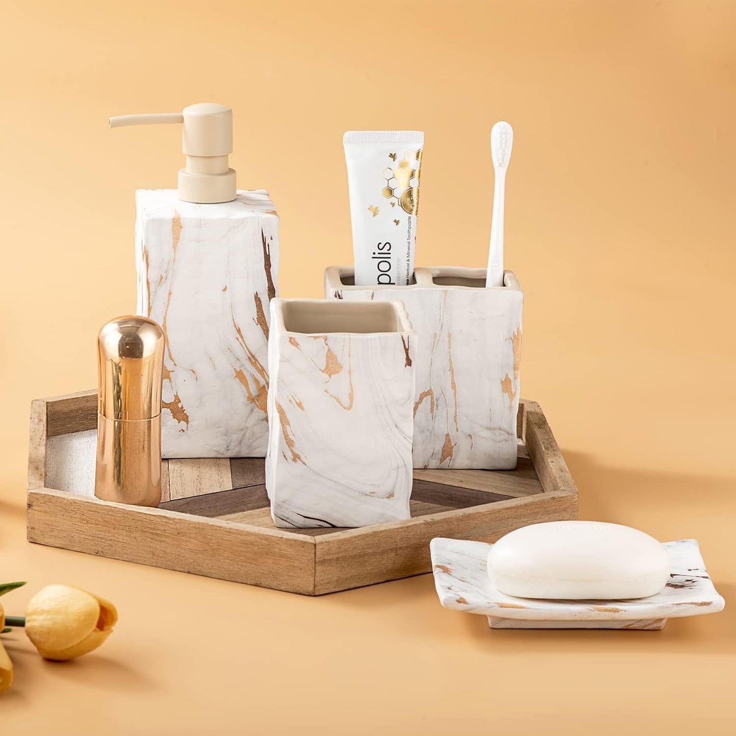 Bathroom Accessories Set 4 Pcs Marble Look Sets Toothbrush Holder Soap Dispenser Counter Top Ceramic Bathroom Decor Set Gold