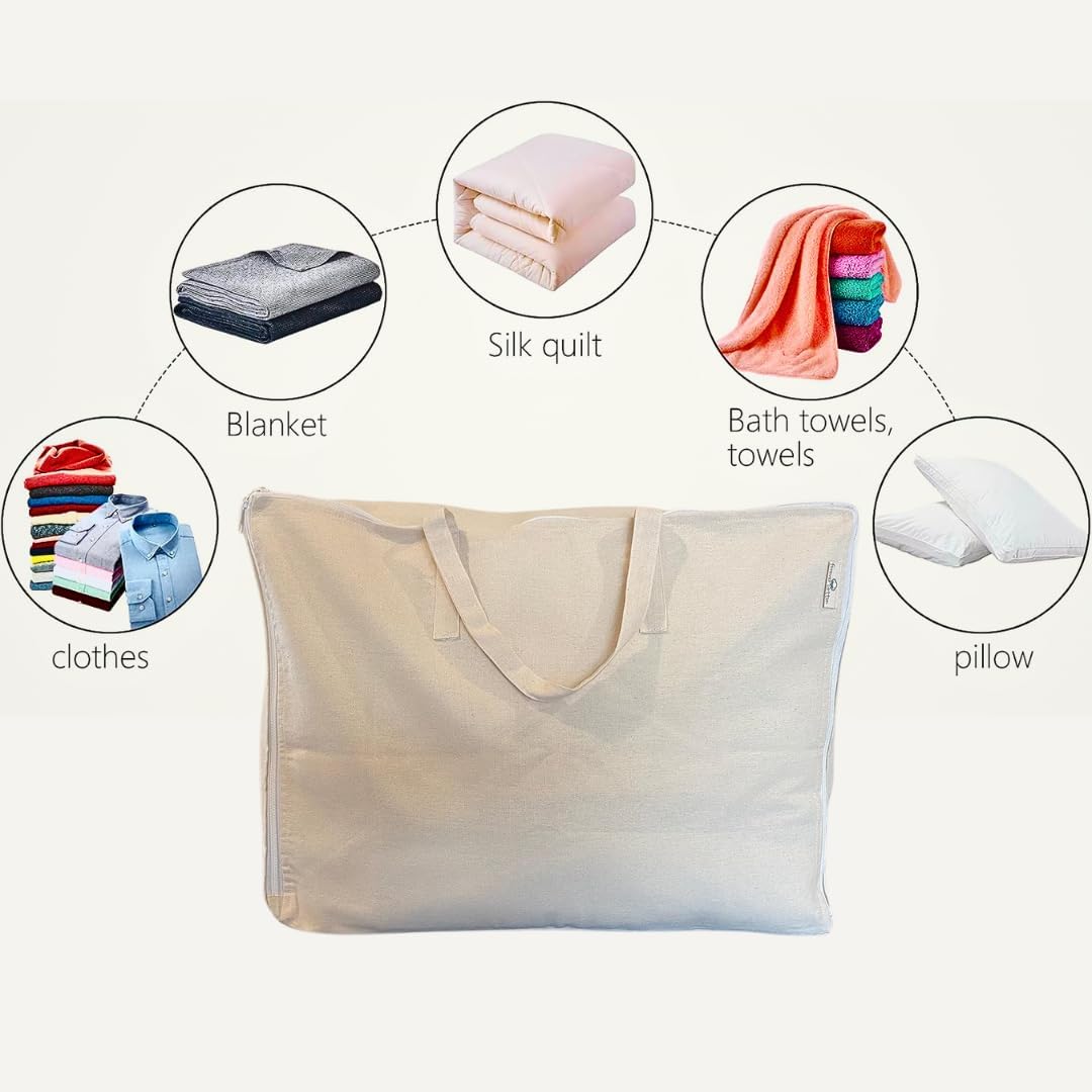 Storage Bag with Handles for Beddings, Comforters, Blankets, Pillows, Linens and Garments -Underbed/WardrobeThick Soft Breathable Closet Organizer Bag (X-Large (24"X15"X12"), Off-white)