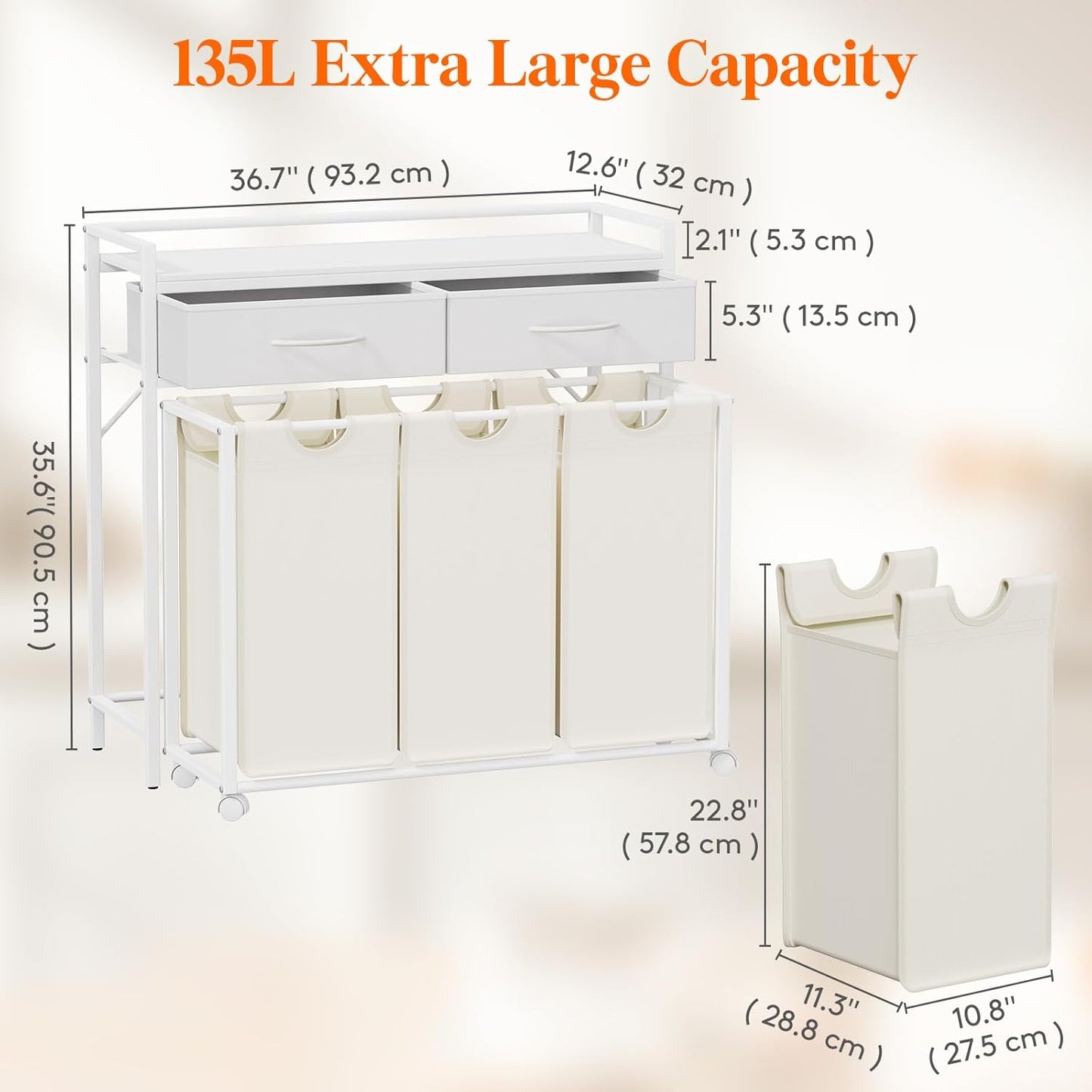 Lifewit Laundry Hamper 3 Section, Large Rolling Laundry Sorter with Shelf & 2 Drawers, Pull-Out Laundry Basket Organizer with Wheels and Removable Bag, White and Beige