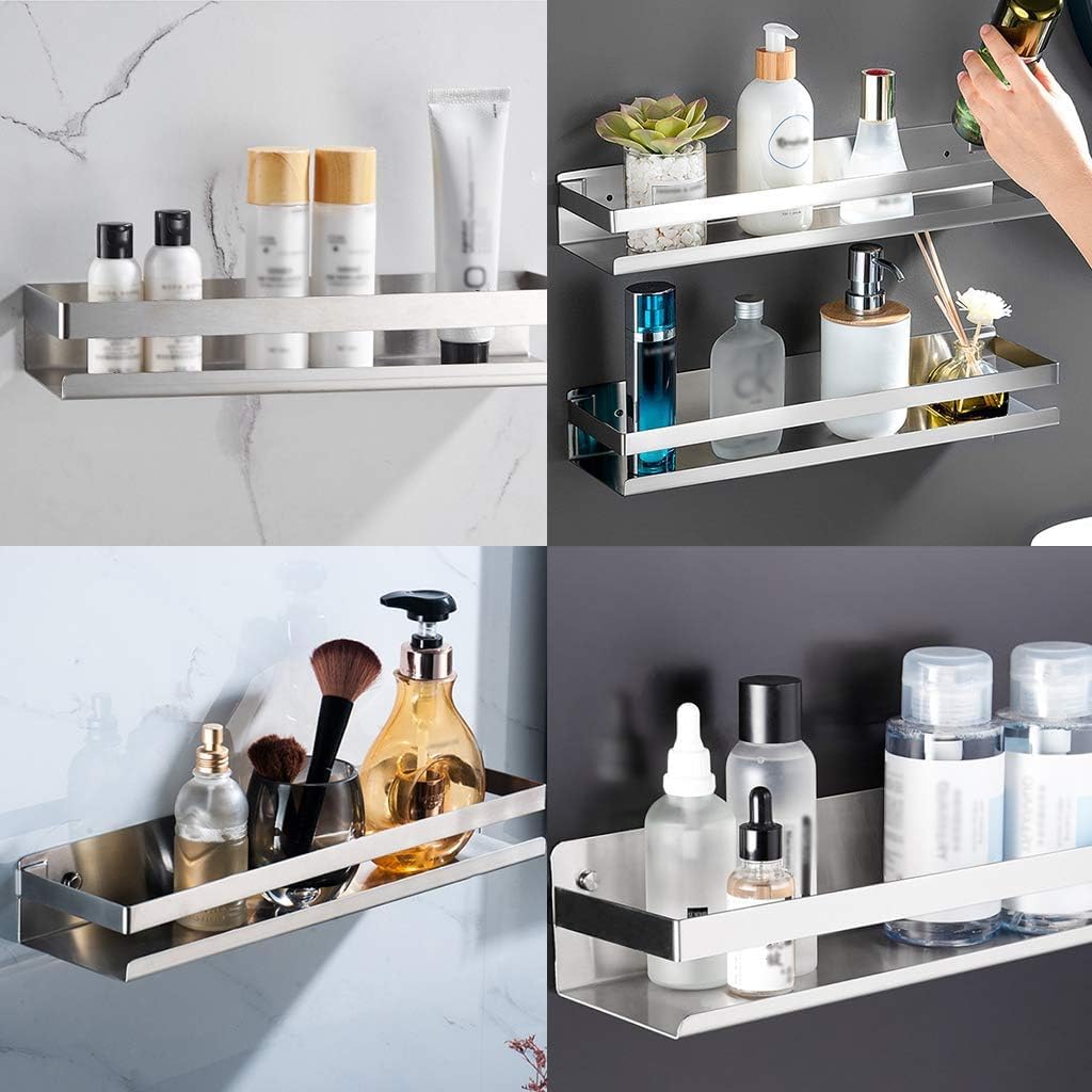 OwnMy Bathroom Shower Shelf Stainless Steel Bath Kitchen Basket Shower Caddy Rack, Rustproof Metal Bathroom Storage Floating Shelves Wall Mounted Shower Corner Rectangular Shelf - 16 Inch Silver