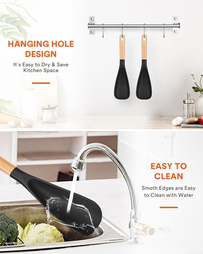 Cooking Spoon for Nonstick Cookwares, Great for Cooking and Serving Sturdy BPA-Free Matte Silicone, Wood Handle Spoon for Mixing, Scoop, and Scrape (2 Pack of Black, 11.4 inch)