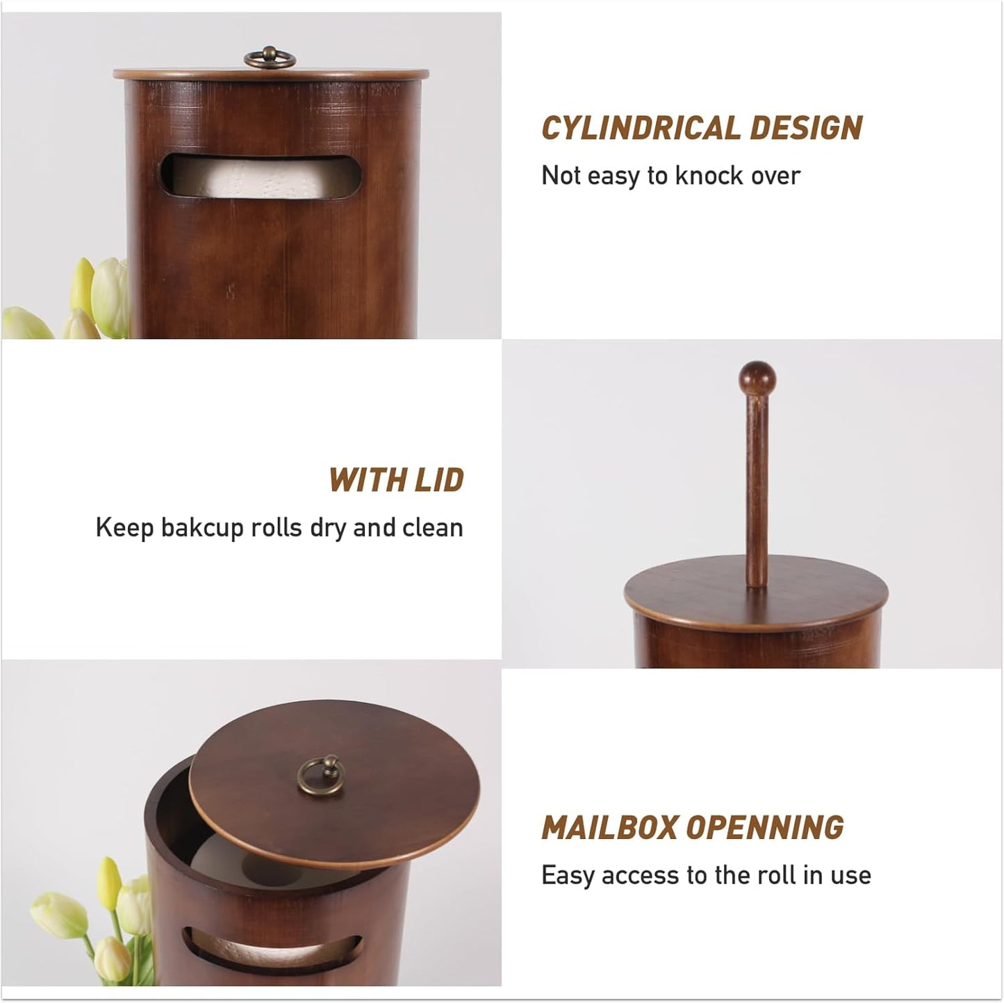 Toilet Paper Stand with 3-Roll Tissue Holder for Boho Bathroom, FreeStanding Bamboo Toilet Paper Holder,Wood Toilet Paper Storage with Lid.