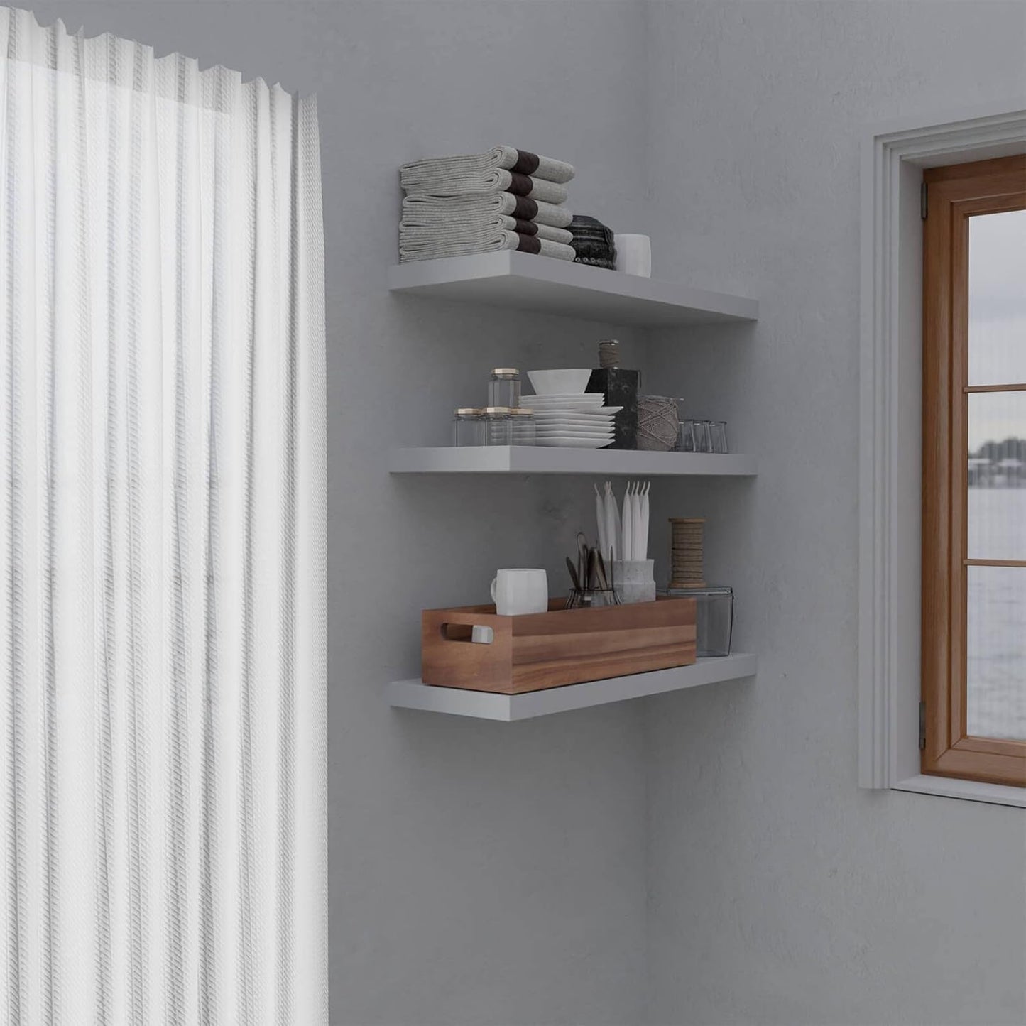 Natural Acacia Hardwood Bathroom Tray with Handles for Organizing Toiletries and Accessories - Large 16.5x6 in Size for Countertop, Shelf, or Tank Top Storage