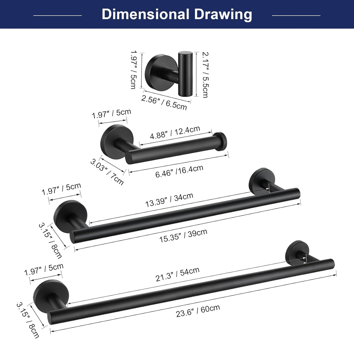 5 Pieces Matte Black Bathroom Hardware Set, 23.6-inch+15.35-inch Bathroom Towel bar SUS304 Stainless Steel Bathroom Towel Bar Set