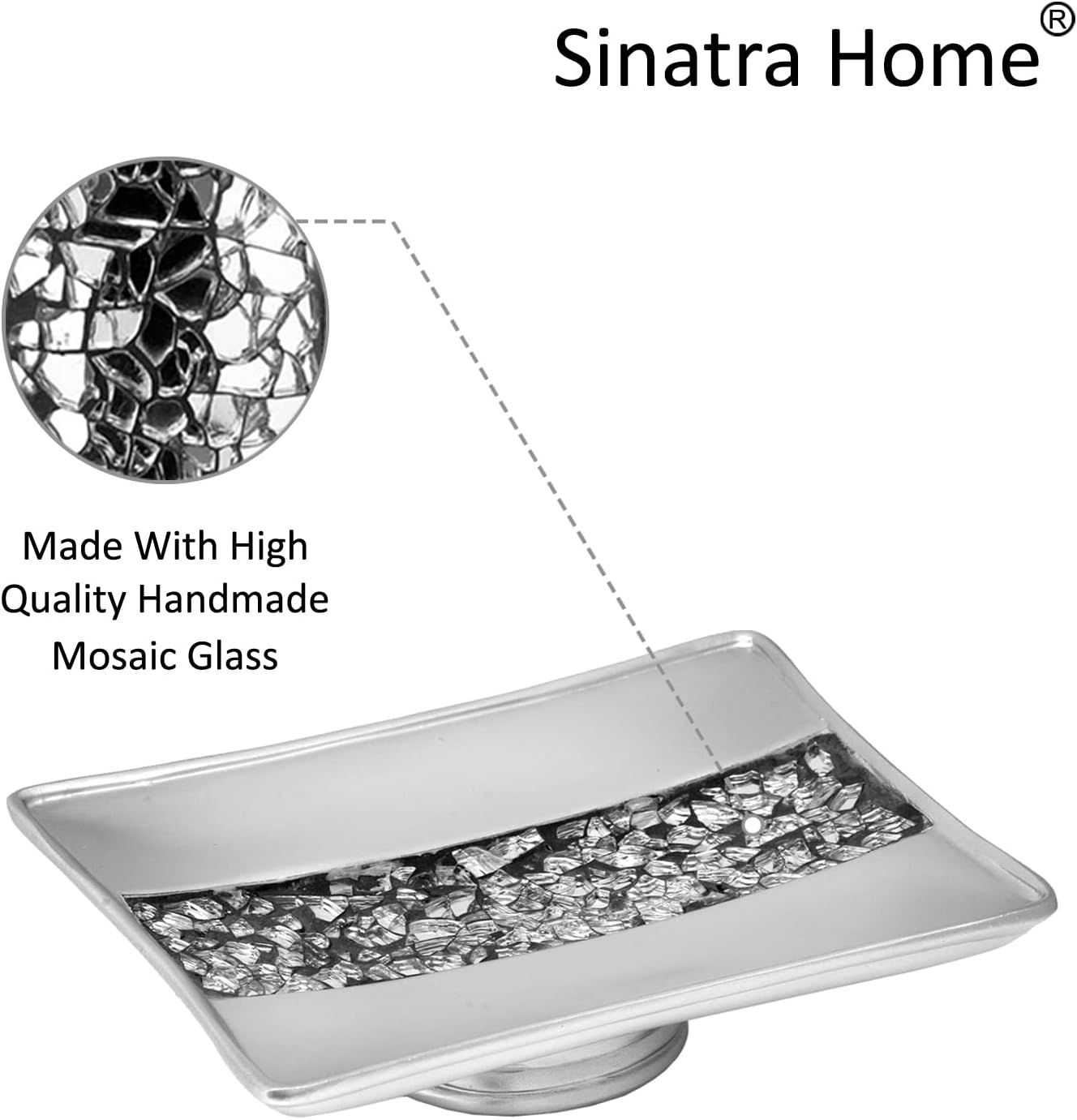 Zahari Home 4pc Sinatra Stylish Bathroom Accessories Set Liquid Soap Dispenser, Tumbler, Tooth Brush Holder and Soap Dish Modern Classic Luxury Decor Bling Mosaic Glass Silver Bathroom Accessories