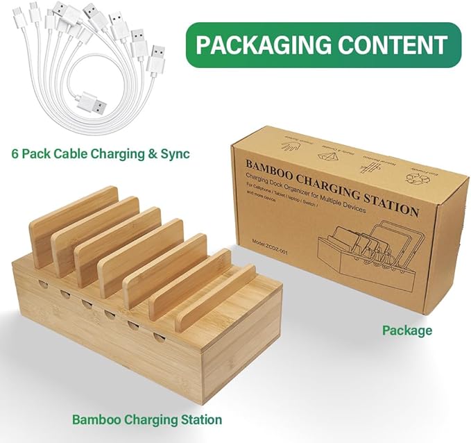 Bamboo Charging Station for Multiple Devices, Desk Docking Stations Organizer Compatible with iPhone Devices, Wood Charging Cell Phone Holder Stand (Includes 6 Cables) (NO Power Supply)