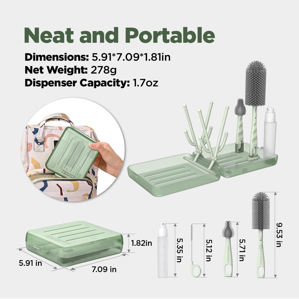 Travel Bottle Brush, Travel Bottle Cleaner Kit with Bottle Drying Rack, Transparent Green