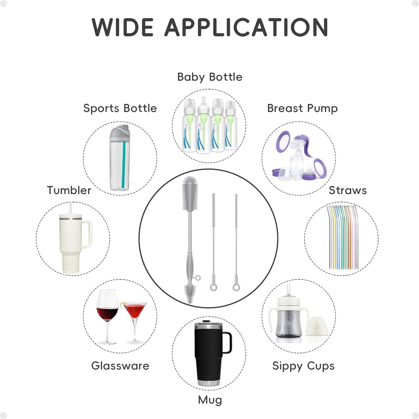 Silicone Cleaning Brush Kit,Water Bottle and Straw Cleaner Brush Set for Tumbler,Baby Bottle,Breast Pump Part,Nipple,Sippy Cup,Glass,Dishwasher Safe,BPA Free,3 Pcs