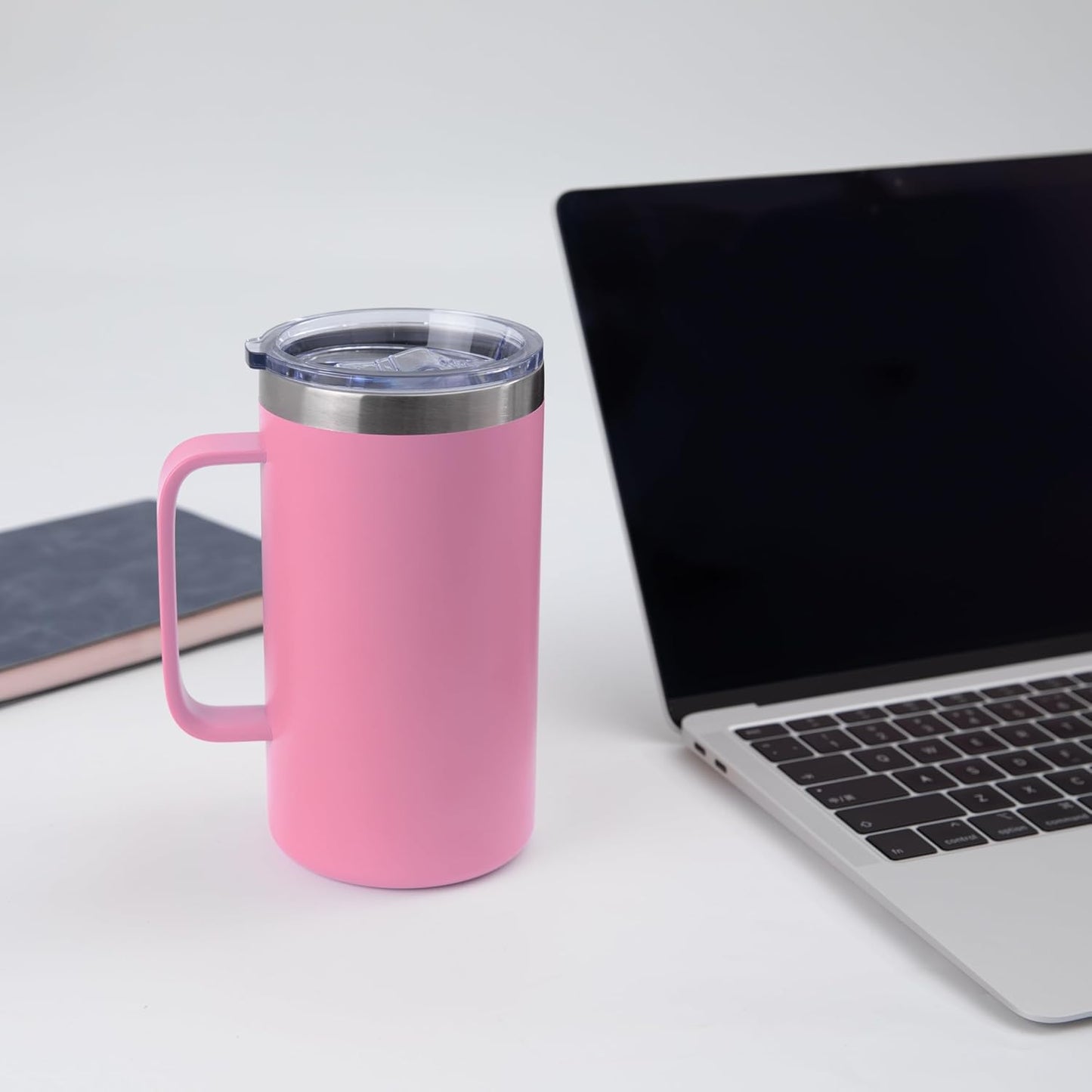 DOMICARE 24oz Mug with Handle and Lid, Stainless Steel Coffee Mug, Travel Mug with Handle, Double Wall Vacuum Coffee Tumbler, Reusable Insulated Cup, Pink, Pack 8