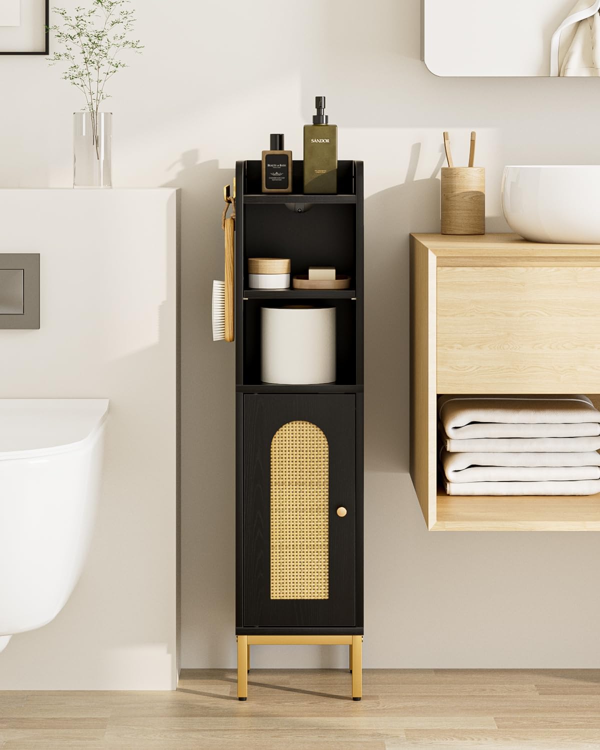 Bathroom Storage Cabinet, Small Corner Floor Hutch with 2Hooks,Narrow Toilet Paper Cabinet with Rattan Door,Bathroom Organizer with Adjustable Shelf, for Small Spaces(Classic-Rattan, Black)