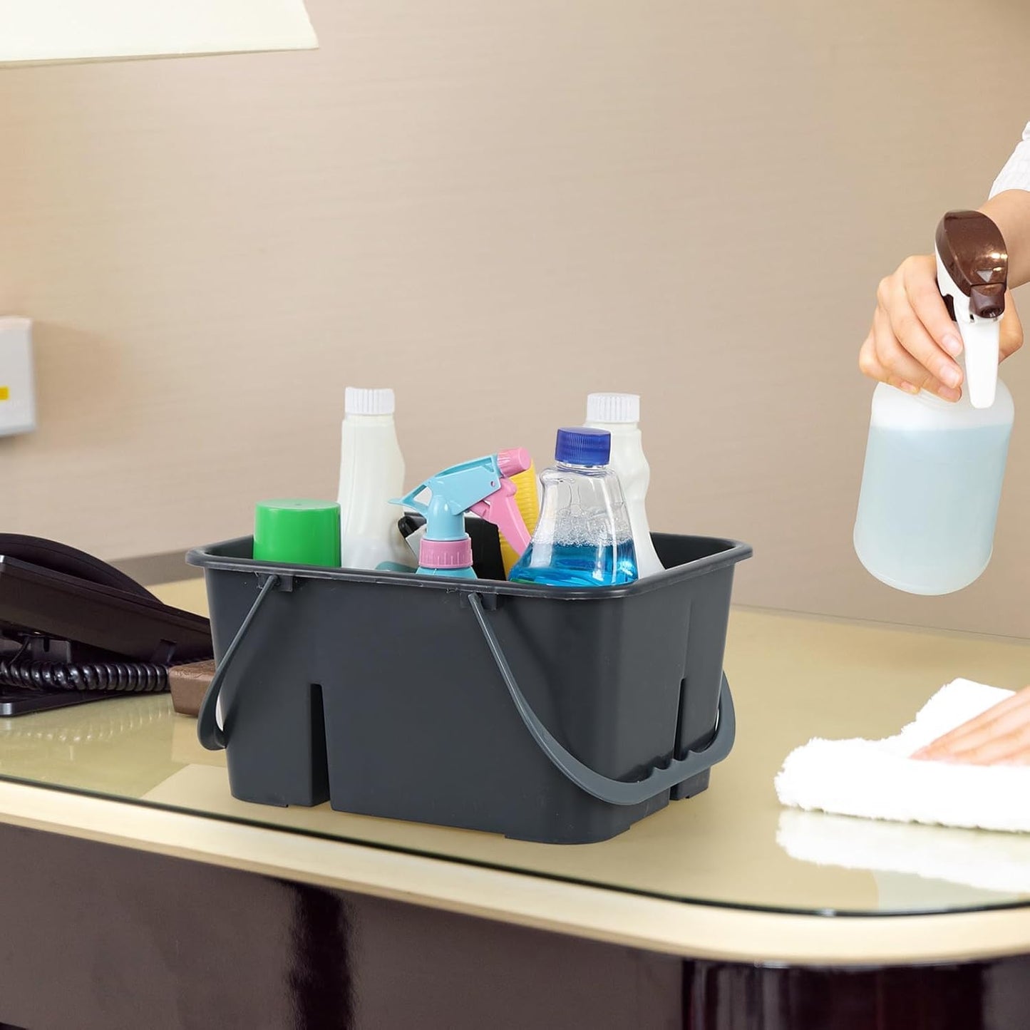 Plastic Cleaning Caddy Organizer with Handle, Carry Caddy for Cleanig Supplies, Deep Grey