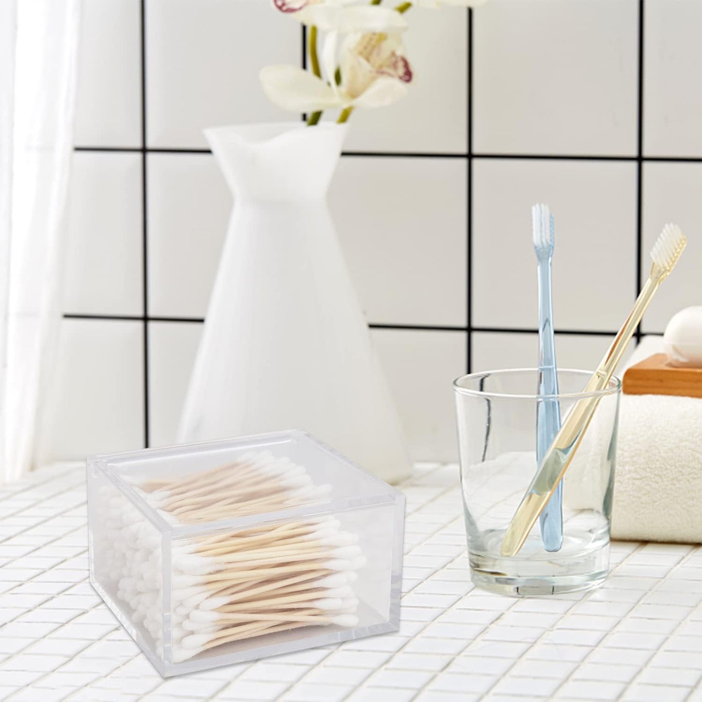 2 Pack Clear Acrylic Organizer with Lid for Paper Clips,Sticky Note,Qtip,Cotton Balls,Hair Ties Holder Acrylic Box for Home Office Bathroom Desk Organizer