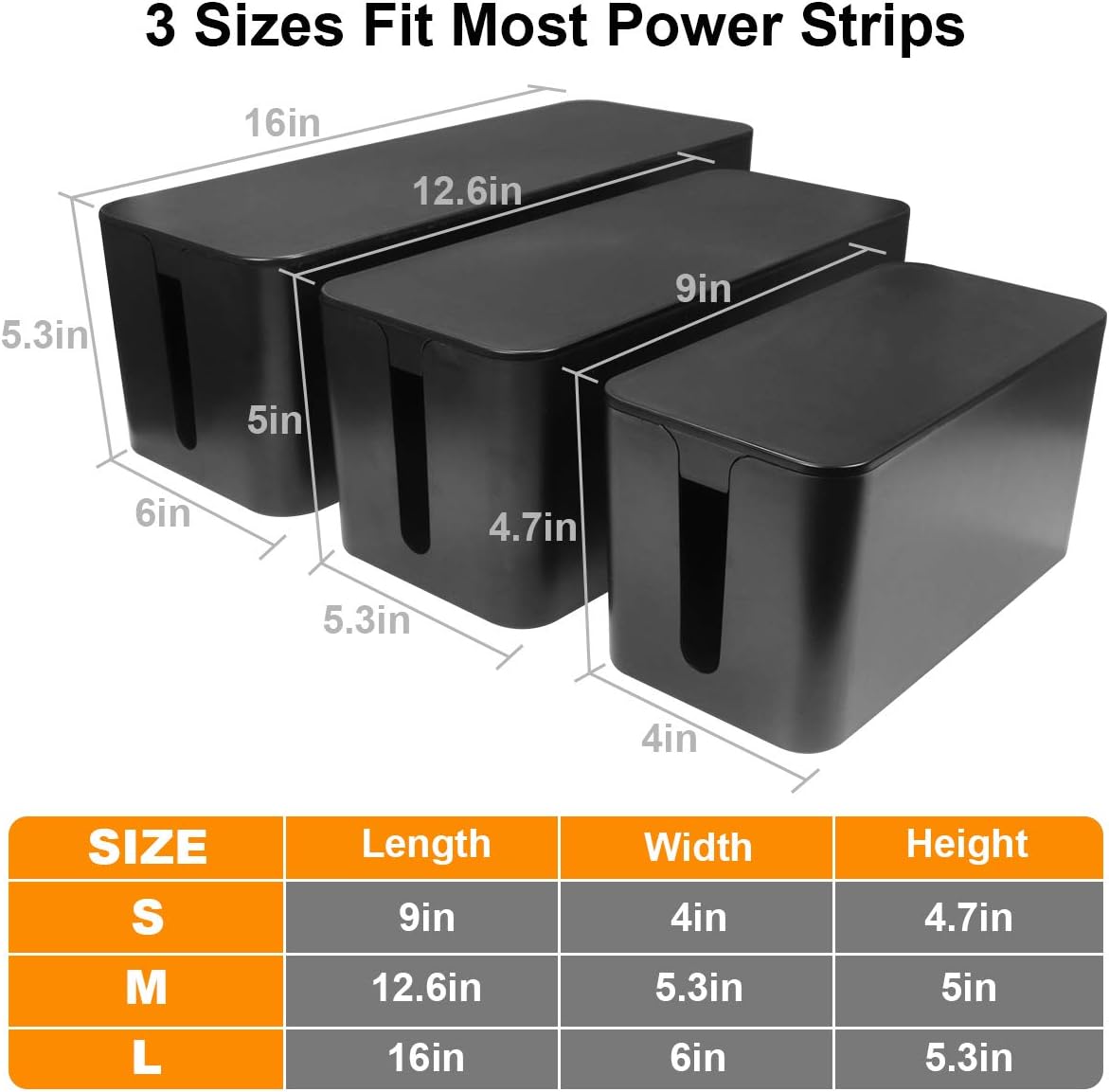 DUNCHATY 3 Pack Cable Organizer Box with Large, Medium, Small Cord Hider Box Safe ABS Material for Cover and Hide TV Wires, Computer, Router, USB Hub and Under Desk Power Strip&Cords
