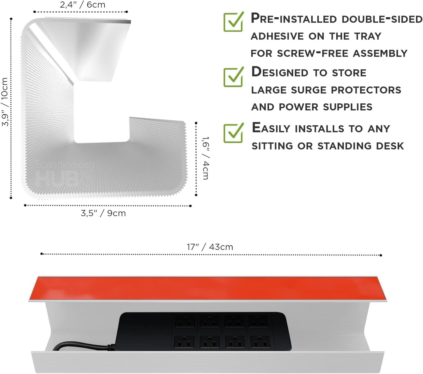 No-Screw Under Desk Cable Management Tray - Self-Adhesive Installation, Cord Management, Cable Tray, Under Desk Wire Organizer - White Set of 2