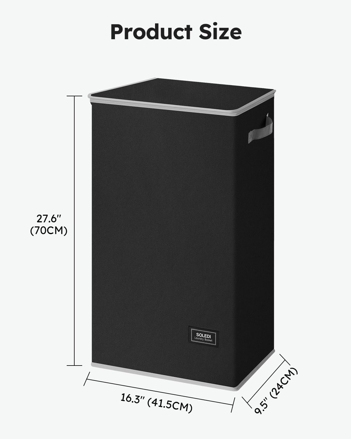 SOLEDI Slim Laundry Hamper with Lid, Narrow Laundry Basket with Removable Bags, Dirty Clothes Hamper with handle, Small Hamper perfect for Laundry room, Bathroom, Bedroom, Small spaces. 70L Black